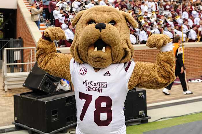 Oct 12, 2019; Knoxville, TN, USA; Mississippi State Bulldogs mascot Bully poses in the second half of a game against the Tennessee Volunteers at Neyland Stadium. Mandatory Credit: Bryan Lynn-USA TODAY Sports